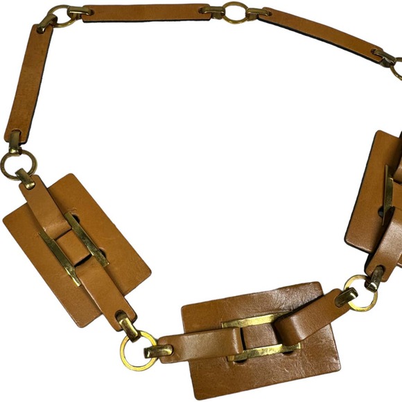 Vintage Tan Leather Chain Belt One Size Geometric Retro Hippie Boho Adjustable - Picture 2 of 5